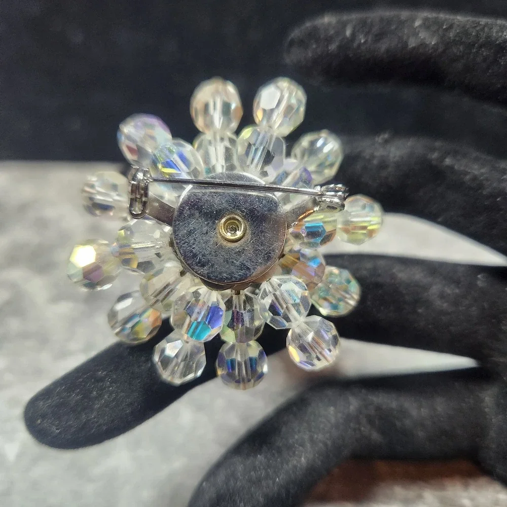 Vintage Aurora Borealis Crystal Bead Snowflake Brooch Silver Tone Iridescent